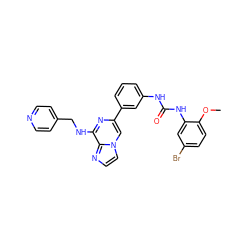 COc1ccc(Br)cc1NC(=O)Nc1cccc(-c2cn3ccnc3c(NCc3ccncc3)n2)c1 ZINC000049775423