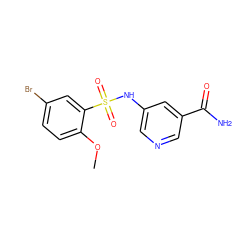 COc1ccc(Br)cc1S(=O)(=O)Nc1cncc(C(N)=O)c1 ZINC000220901148