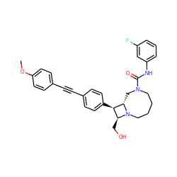COc1ccc(C#Cc2ccc([C@@H]3[C@H](CO)N4CCCCN(C(=O)Nc5cccc(F)c5)C[C@@H]34)cc2)cc1 ZINC000095600020