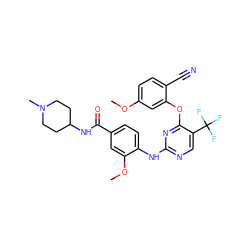 COc1ccc(C#N)c(Oc2nc(Nc3ccc(C(=O)NC4CCN(C)CC4)cc3OC)ncc2C(F)(F)F)c1 ZINC000148455253