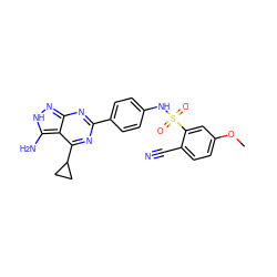 COc1ccc(C#N)c(S(=O)(=O)Nc2ccc(-c3nc(C4CC4)c4c(N)[nH]nc4n3)cc2)c1 ZINC000218139393