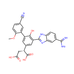 COc1ccc(C#N)cc1-c1cc([C@@H](CC(=O)O)C(=O)O)cc(-c2nc3cc(C(=N)N)ccc3[nH]2)c1O ZINC000014957005