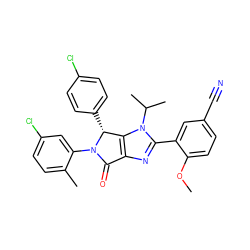 COc1ccc(C#N)cc1-c1nc2c(n1C(C)C)[C@@H](c1ccc(Cl)cc1)N(c1cc(Cl)ccc1C)C2=O ZINC000169705405