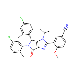 COc1ccc(C#N)cc1-c1nc2c(n1C(C)C)[C@@H](c1ccc(Cl)cc1C)N(c1cc(Cl)ccc1C)C2=O ZINC000169705365