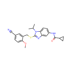 COc1ccc(C#N)cc1CSc1nc2cc(NC(=O)C3CC3)ccc2n1C(C)C ZINC000028525028