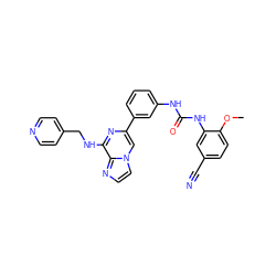 COc1ccc(C#N)cc1NC(=O)Nc1cccc(-c2cn3ccnc3c(NCc3ccncc3)n2)c1 ZINC000049031575