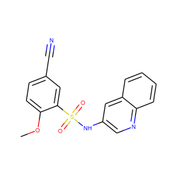 COc1ccc(C#N)cc1S(=O)(=O)Nc1cnc2ccccc2c1 ZINC000220919902