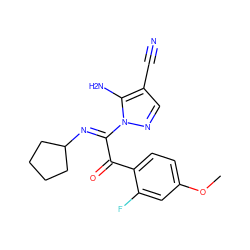 COc1ccc(C(=O)/C(=N\C2CCCC2)n2ncc(C#N)c2N)c(F)c1 ZINC000299836419