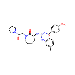 COc1ccc(C(=O)/N=C(\Nc2cccc(C)c2)N[C@H]2CCCCN(CC(=O)N3CCCC3)C2=O)cc1 ZINC000101200303