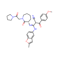 COc1ccc(C(=O)C(C#N)/C(=N\[C@H]2CCCCN(CC(=O)N3CCCC3)C2=O)Nc2ccc3oc(C)cc3c2)cc1 ZINC000101060712