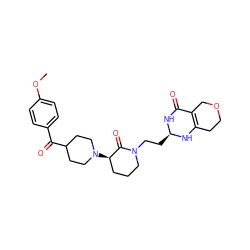 COc1ccc(C(=O)C2CCN([C@@H]3CCCN(CC[C@H]4NC(=O)C5=C(CCOC5)N4)C3=O)CC2)cc1 ZINC001772578546