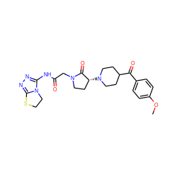 COc1ccc(C(=O)C2CCN([C@@H]3CCN(CC(=O)Nc4nnc5n4CCS5)C3=O)CC2)cc1 ZINC000207768569