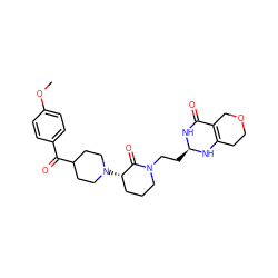 COc1ccc(C(=O)C2CCN([C@H]3CCCN(CC[C@H]4NC(=O)C5=C(CCOC5)N4)C3=O)CC2)cc1 ZINC001772641591