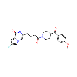 COc1ccc(C(=O)C2CCN(C(=O)CCCc3cn4cc(F)cc4c(=O)[nH]3)CC2)cc1 ZINC000653905728