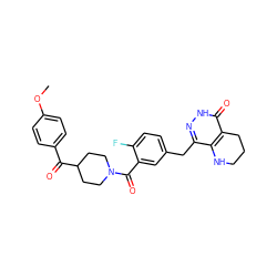 COc1ccc(C(=O)C2CCN(C(=O)c3cc(Cc4n[nH]c(=O)c5c4NCCC5)ccc3F)CC2)cc1 ZINC000146841341