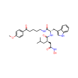 COc1ccc(C(=O)CCCCNC(=O)[C@H](Cc2c[nH]c3ccccc23)NC(=O)[C@@H](CC(=O)NO)CC(C)C)cc1 ZINC000027083118