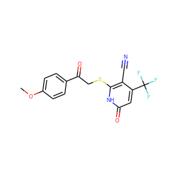 COc1ccc(C(=O)CSc2[nH]c(=O)cc(C(F)(F)F)c2C#N)cc1 ZINC000013638465