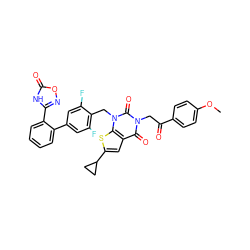 COc1ccc(C(=O)Cn2c(=O)c3cc(C4CC4)sc3n(Cc3c(F)cc(-c4ccccc4-c4noc(=O)[nH]4)cc3F)c2=O)cc1 ZINC000096169975