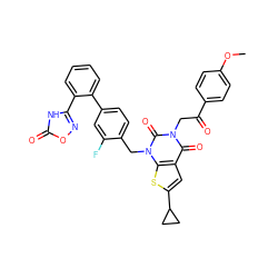 COc1ccc(C(=O)Cn2c(=O)c3cc(C4CC4)sc3n(Cc3ccc(-c4ccccc4-c4noc(=O)[nH]4)cc3F)c2=O)cc1 ZINC000096169964