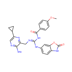 COc1ccc(C(=O)N/C(=N/Cc2nc(C3CC3)cnc2N)Nc2ccc3[nH]c(=O)oc3c2)cc1 ZINC000473157120