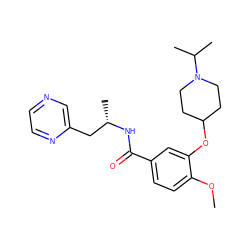 COc1ccc(C(=O)N[C@@H](C)Cc2cnccn2)cc1OC1CCN(C(C)C)CC1 ZINC000012301766