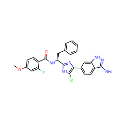 COc1ccc(C(=O)N[C@@H](Cc2ccccc2)c2nc(-c3ccc4c(N)n[nH]c4c3)c(Cl)[nH]2)c(F)c1 ZINC000299855532