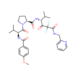 COc1ccc(C(=O)N[C@H](C(=O)N2CCC[C@H]2C(=O)N[C@@H](C(=O)C(F)(F)C(=O)NCc2ccccn2)C(C)C)C(C)C)cc1 ZINC000026942207