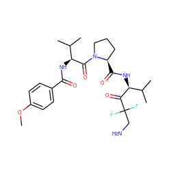 COc1ccc(C(=O)N[C@H](C(=O)N2CCC[C@H]2C(=O)N[C@H](C(=O)C(F)(F)CN)C(C)C)C(C)C)cc1 ZINC000013516122