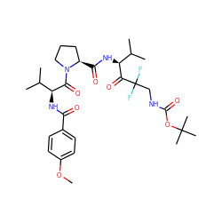 COc1ccc(C(=O)N[C@H](C(=O)N2CCC[C@H]2C(=O)N[C@H](C(=O)C(F)(F)CNC(=O)OC(C)(C)C)C(C)C)C(C)C)cc1 ZINC000026276279
