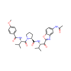 COc1ccc(C(=O)N[C@H](C(=O)N2CCC[C@H]2C(=O)N[C@H](C(=O)c2nc3cc(NC(C)=O)ccc3o2)C(C)C)C(C)C)cc1 ZINC000026943536