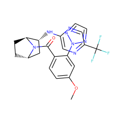 COc1ccc(C(=O)N2[C@H]3CC[C@H]2[C@H](Nc2cnc(C(F)(F)F)cn2)C3)c(-n2nccn2)c1 ZINC000221041575