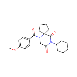 COc1ccc(C(=O)N2CC(=O)N(C3CCCCC3)C(=O)C23CCCC3)cc1 ZINC000653874544