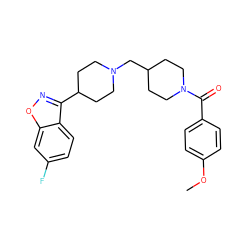 COc1ccc(C(=O)N2CCC(CN3CCC(c4noc5cc(F)ccc45)CC3)CC2)cc1 ZINC000653807412
