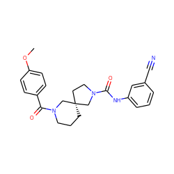 COc1ccc(C(=O)N2CCC[C@@]3(CCN(C(=O)Nc4cccc(C#N)c4)C3)C2)cc1 ZINC000004237928