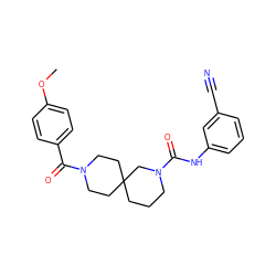 COc1ccc(C(=O)N2CCC3(CCCN(C(=O)Nc4cccc(C#N)c4)C3)CC2)cc1 ZINC000004238069