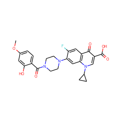 COc1ccc(C(=O)N2CCN(c3cc4c(cc3F)c(=O)c(C(=O)O)cn4C3CC3)CC2)c(O)c1 ZINC000653687604