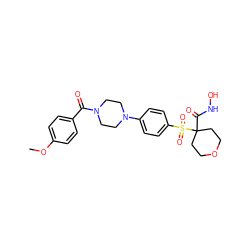 COc1ccc(C(=O)N2CCN(c3ccc(S(=O)(=O)C4(C(=O)NO)CCOCC4)cc3)CC2)cc1 ZINC000071341728