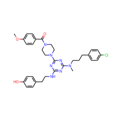 COc1ccc(C(=O)N2CCN(c3nc(NCCc4ccc(O)cc4)nc(N(C)CCCc4ccc(Cl)cc4)n3)CC2)cc1 ZINC000027629176