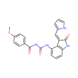 COc1ccc(C(=O)NC(=O)Nc2cccc3c2/C(=C/c2ccc[nH]2)C(=O)N3)cc1 ZINC000205822854