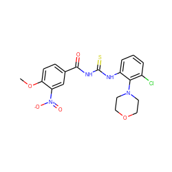 COc1ccc(C(=O)NC(=S)Nc2cccc(Cl)c2N2CCOCC2)cc1[N+](=O)[O-] ZINC000001065384