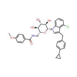 COc1ccc(C(=O)NC[C@H]2O[C@@H](n3cc(Cc4ccc(C5CC5)cc4)c4c(Cl)cccc43)[C@H](O)[C@@H](O)[C@@H]2O)cc1 ZINC000219449091