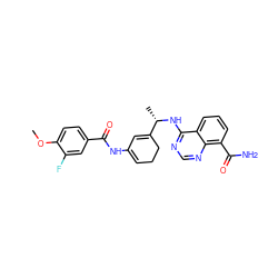 COc1ccc(C(=O)NC2=CCCC([C@H](C)Nc3ncnc4c(C(N)=O)cccc34)=C2)cc1F ZINC000166984079