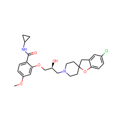 COc1ccc(C(=O)NC2CC2)c(OC[C@@H](O)CN2CCC3(CC2)Cc2cc(Cl)ccc2O3)c1 ZINC000038943871