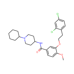 COc1ccc(C(=O)NC2CCN(C3CCCCC3)CC2)cc1OCCc1ccc(Cl)cc1Cl ZINC000013643461