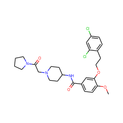 COc1ccc(C(=O)NC2CCN(CC(=O)N3CCCC3)CC2)cc1OCCc1ccc(Cl)cc1Cl ZINC000014953615