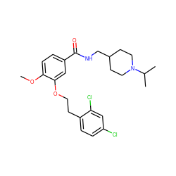 COc1ccc(C(=O)NCC2CCN(C(C)C)CC2)cc1OCCc1ccc(Cl)cc1Cl ZINC000013643419