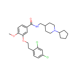 COc1ccc(C(=O)NCC2CCN(C3CCCC3)CC2)cc1OCCc1ccc(Cl)cc1Cl ZINC000013643495