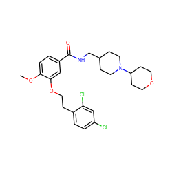 COc1ccc(C(=O)NCC2CCN(C3CCOCC3)CC2)cc1OCCc1ccc(Cl)cc1Cl ZINC000013643458