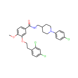 COc1ccc(C(=O)NCC2CCN(c3ccc(Cl)cc3)CC2)cc1OCCc1ccc(Cl)cc1Cl ZINC000014953583