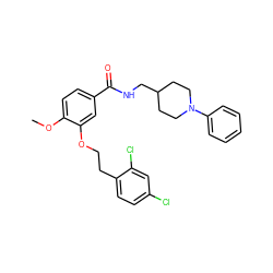 COc1ccc(C(=O)NCC2CCN(c3ccccc3)CC2)cc1OCCc1ccc(Cl)cc1Cl ZINC000013643456